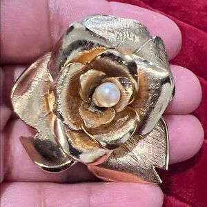 Vintage Coro Gold Rose Brooch with Pearl Accent